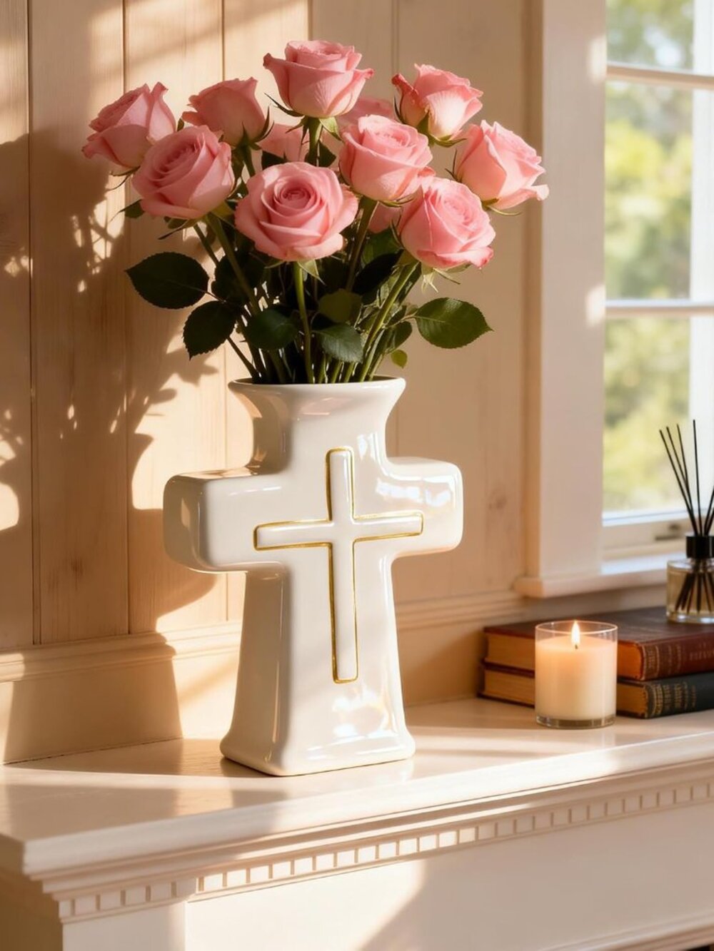 White Ceramic Cross Vase for Home Decor NEW